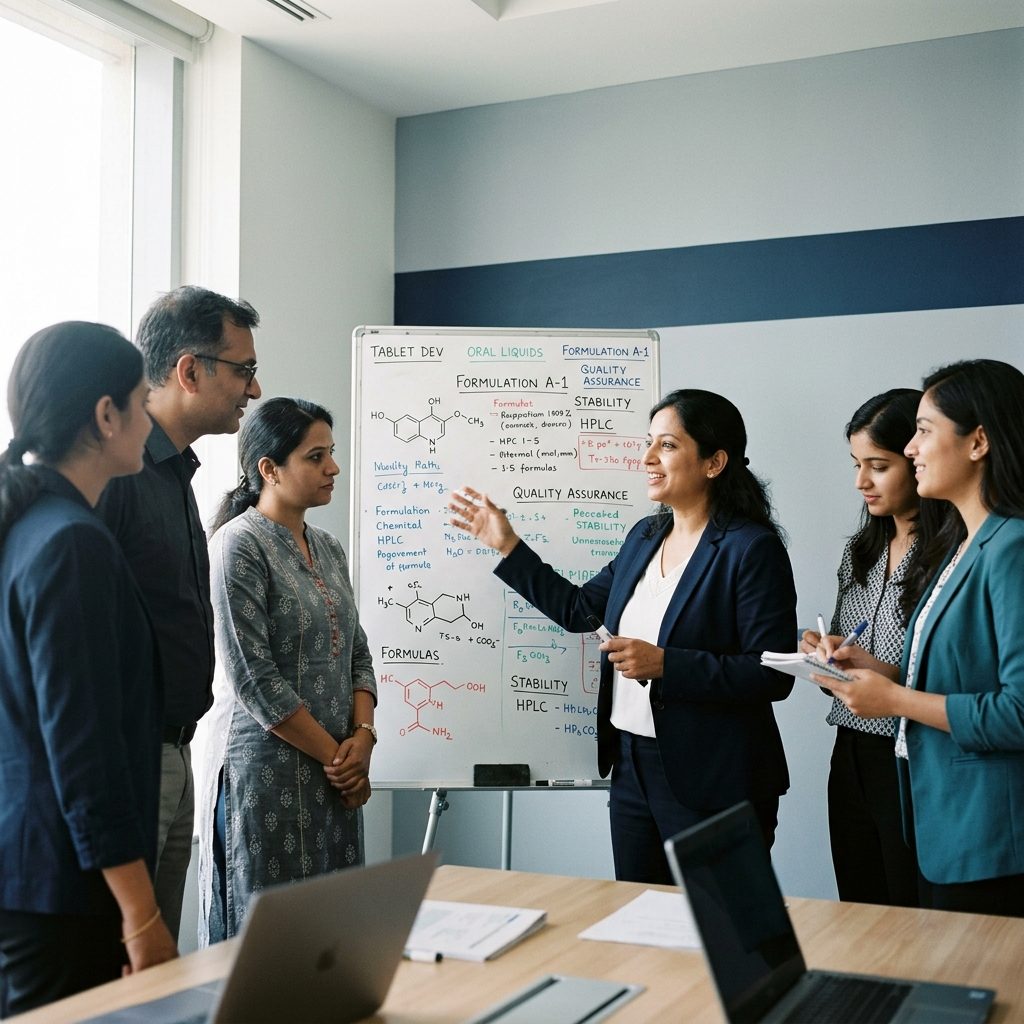 Members of the IBG Wellness team discussing formulation notes at a whiteboard