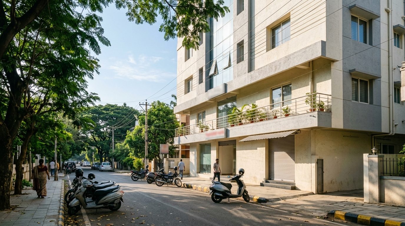 The quiet residential street in Jayanagar, Bengaluru where the IBG Wellness office is located