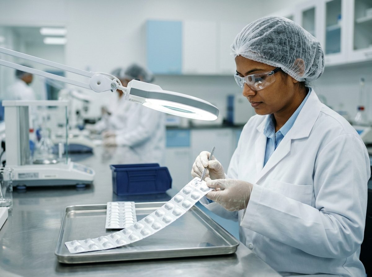 A quality-control analyst inspecting a strip of blister-packed tablets under an inspection lamp