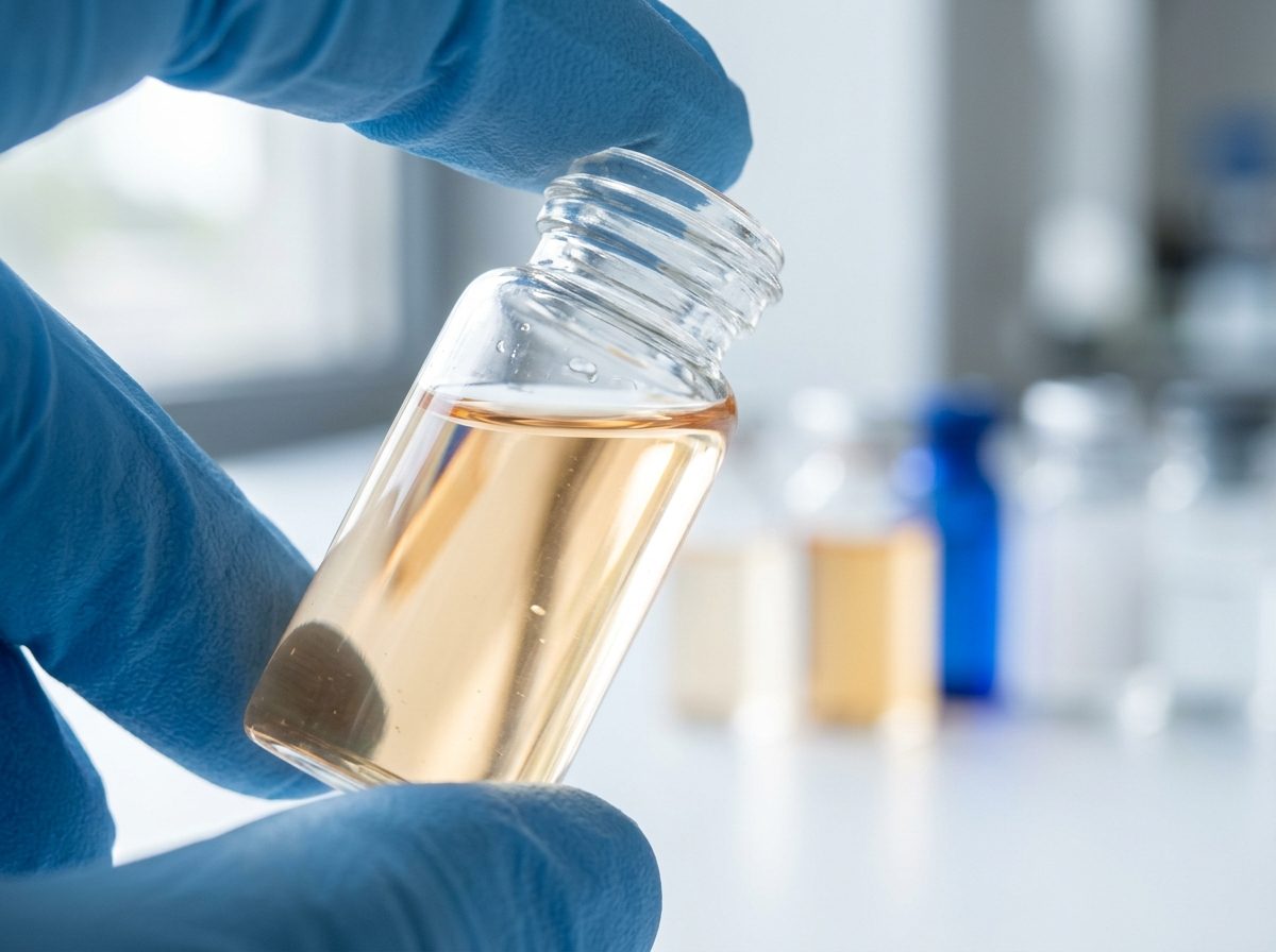 A gloved hand holding a glass vial of amber solution up to the light