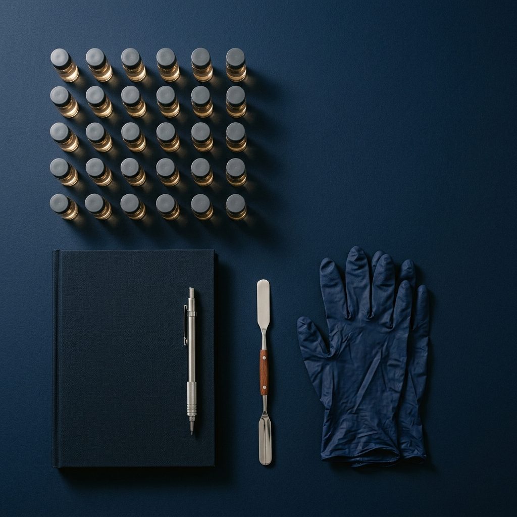 Sample vials, a bound notebook, gloves and a spatula arranged on a navy surface, seen from above