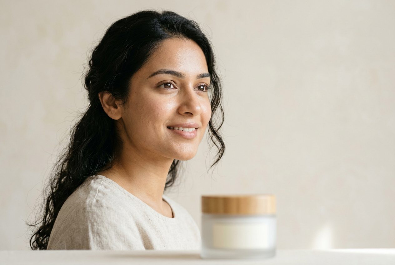 A woman with clear, healthy skin beside an unbranded cosmetic jar
