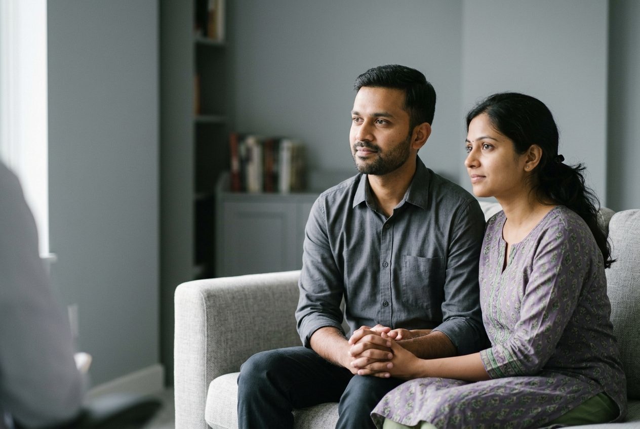A couple seated together, listening during a fertility consultation