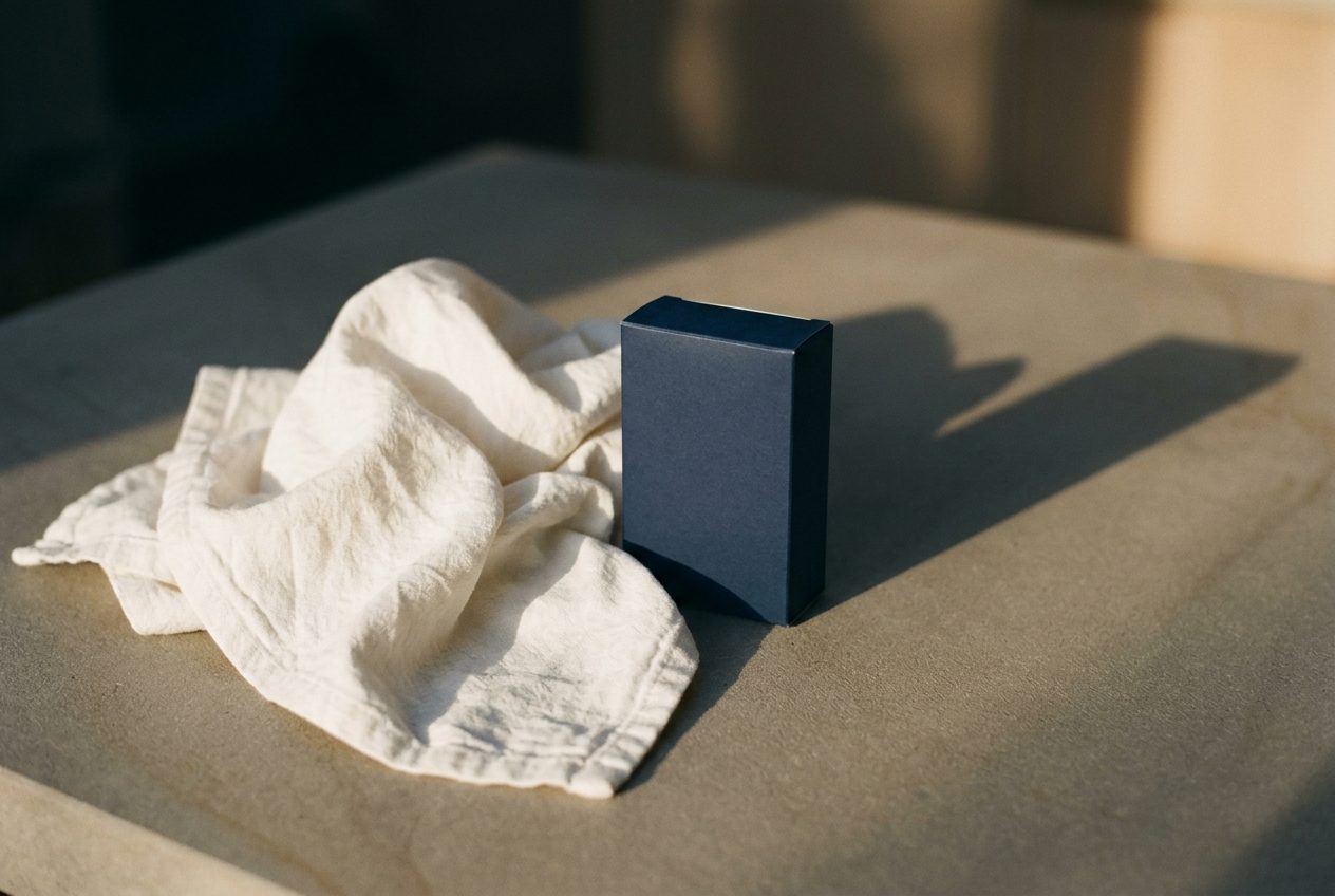 Folded cotton fabric beside a plain navy carton in soft directional light