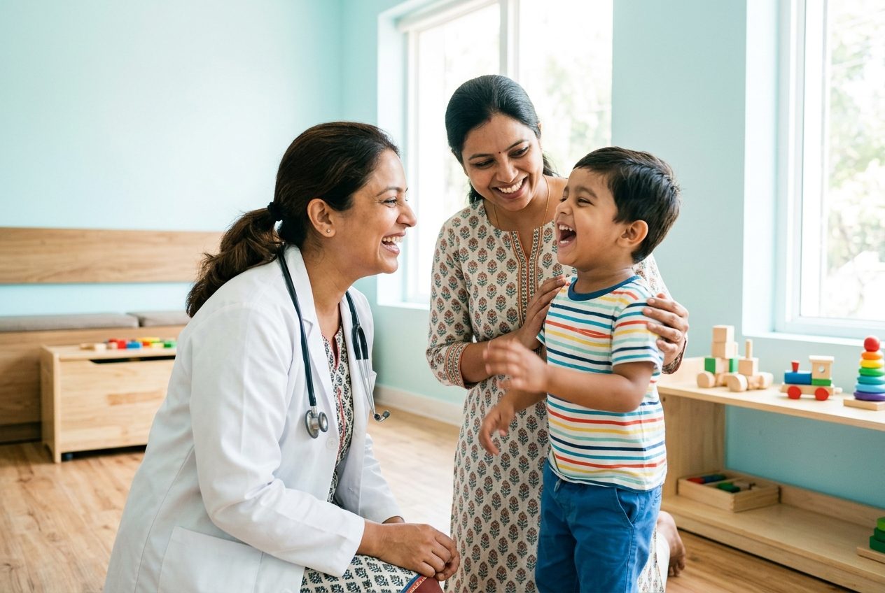 A paediatrician greeting a young child held by his mother in a bright clinic room